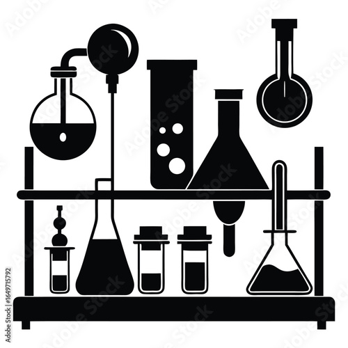 Black Silhouette of Laboratory Glassware on a Rack with Scientific Apparatus Illustration