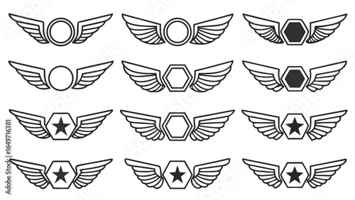 Twelve Vintage Winged Emblems:  Circular, Hexagonal, Star Centerpieces;  Monochromatic Line Art; Classic Design Elements.