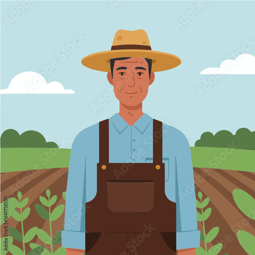 Smiling Farmer in Overalls and Straw Hat Standing in a Field, Cartoon Illustration