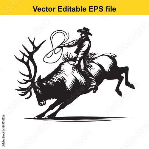 Cowboy riding a bucking elk isolated on white background