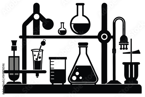 Black Silhouette of Scientific Laboratory Setup with Beakers, Flasks, and Instruments