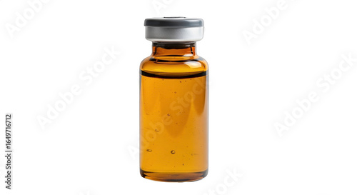 Amber Glass Bottle Containing Transparent Liquid with Air Bubbles, Isolated on White Background for Medical and Laboratory Use