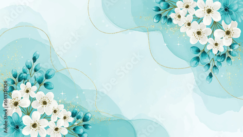 Watercolor floral background, Elegant aquamarine floral frame, Spring wedding invitation template