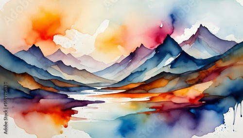 Abstract Watercolor Landscape Painting of Mountains and Lake