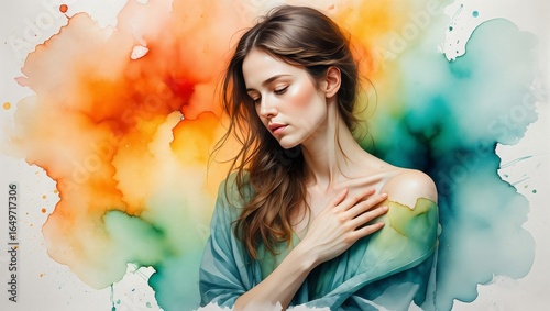 Pensive Woman in Watercolor Style Portrait