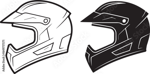 Two motocross helmets one outlined and one solid black racing dirt bike