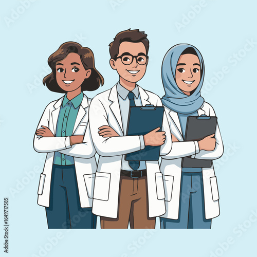 A clean and colorful vector illustration of a doctor wearing a white coat, holding a stethoscope, and standing confidently.