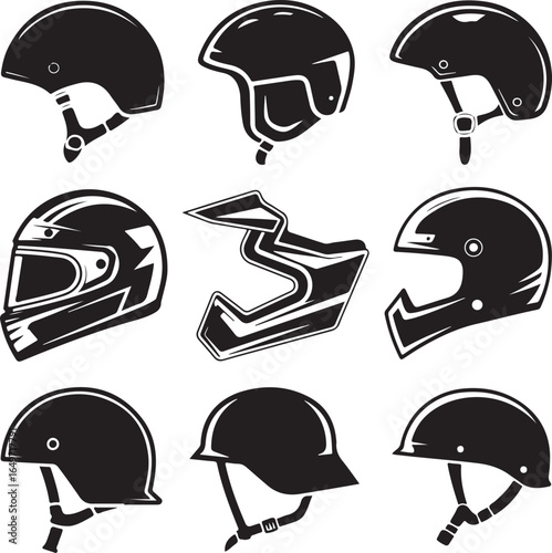 Collection of nine black helmet icons on a white background safety protection