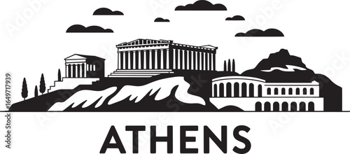Athens Greece Skyline Silhouette Vector Illustration Landmark Travel Destination Architecture