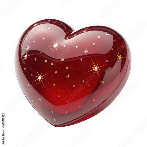 Glossy red heart with starry sparkles and gold glints in jewel style, romantic love icon for valentine designs, transparent background