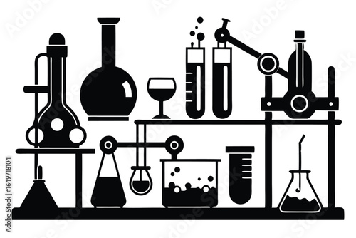 Stylized Black and White Illustration of Chemistry Lab Equipment and Glassware Arrangement