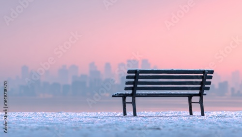 Empty park bench in snow, city skyline