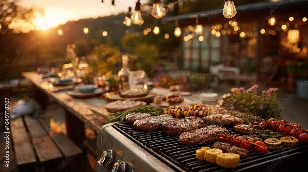 Fototapeta premium Lively Outdoor Backyard Barbecue Scene Showcasing Flavorful Grilled Meats and Happy Gatherings for Memorable Summer Celebrations with Loved Ones
