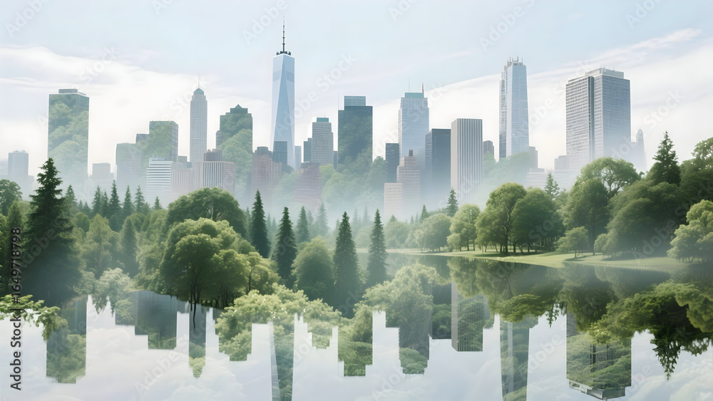 Fototapeta premium City Skyline Transforming into a Forest, Eco Urban Concept, Double Exposure Style