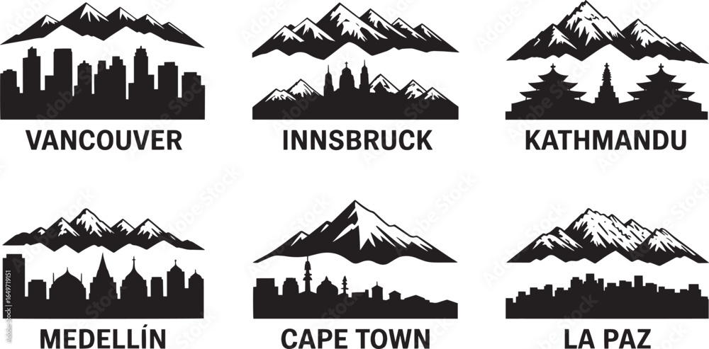 Naklejka premium City Skyline Silhouette Collection Featuring Mountains and Urban Landscapes Around the World