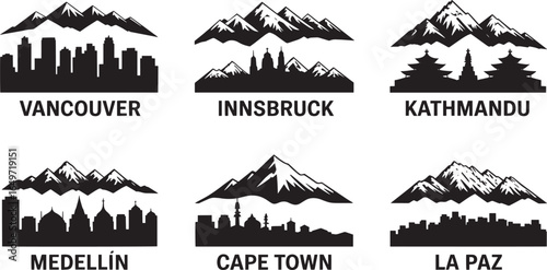 City Skyline Silhouette Collection Featuring Mountains and Urban Landscapes Around the World