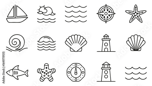 Hand-drawn nautical icons:  lighthouse, sailboat, compass, seashells, starfish, ocean waves, and shark;  simple line art, summer travel theme.