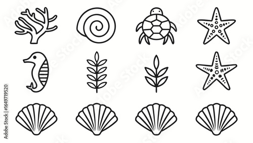 Ocean Life: Simple Line Art Icons; Sea Turtle, Starfish, Seashells, Seahorse, Coral, and Seaweed Illustrations.