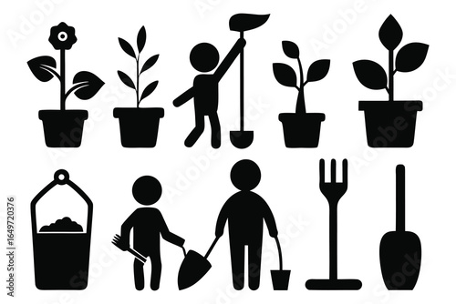 8 Black Gardening Tool Silhouettes – Watering, Digging, Pruning, and Carrying Soil Pots