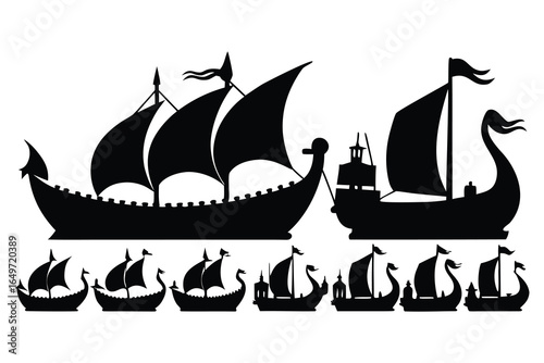 10 Black Silhouette Ancient Ships – Viking Ships, Rafts, and Sails in Profile View