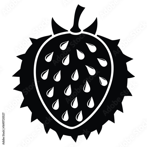 Black and White Vector Illustration of a Soursop with Spiky Exterior and TearDrop Patterns