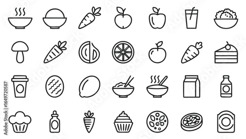 Hand-drawn line art food icons:  healthy eating,  fruits, vegetables, desserts, and beverages.
