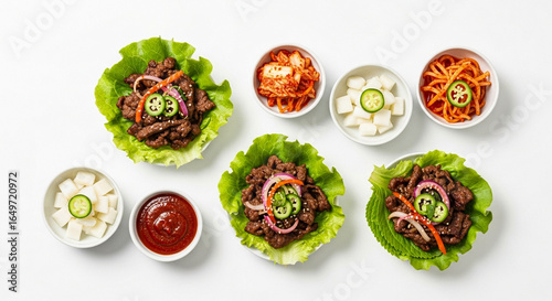 A flat lay of Korean BBQ beef lettuce wraps with jalapeño and onion, served with traditional side dishes of kimchi and pickled radish.