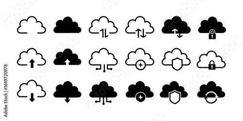 Cloud icon vector for web and mobile app black and white. Cloud sign and symbol.  Set of icons for data storage, download, upload, database, server, secure, protected