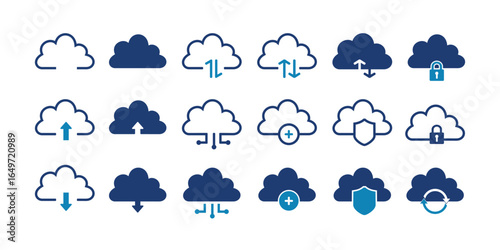 Cloud icon vector for web and mobile app blue color. Cloud sign and symbol.  Set of icons for data storage, download, upload, database, server, secure, protected