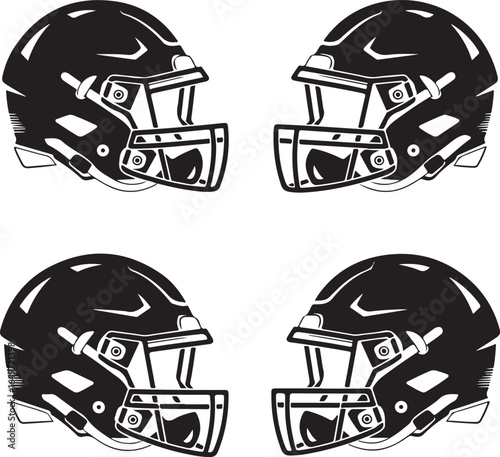 Four black and white American football helmets facing different directions sports game
