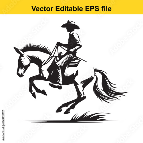 Silhouette of a cowboy riding a bucking horse, isolated on white background