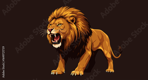 Illustration of a ferocious roaring lion in a bold cartoon style, featuring sharp teeth, muscular body