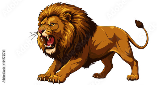 Illustration of a ferocious roaring lion in a bold cartoon style, featuring sharp teeth, muscular body