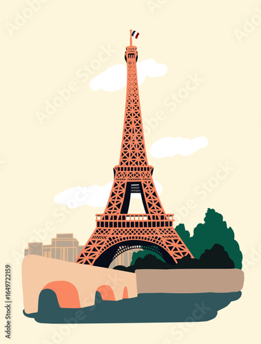 Eiffel Tower, Paris, France. Vector illustration of a famous landmark