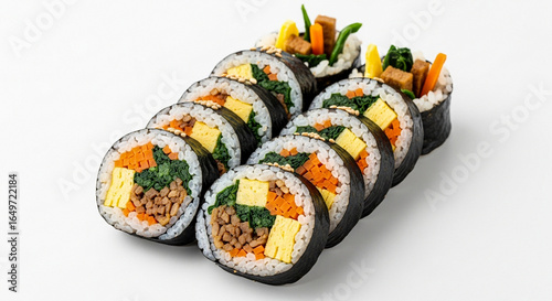 Sliced Korean kimbap rolls with colorful vegetable, egg, and meat fillings arranged neatly on a plain white background.
