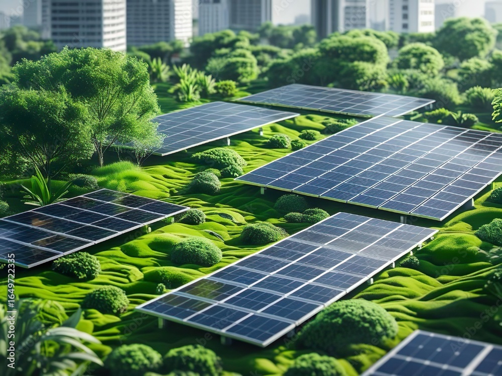 Fototapeta premium Solar panels installed on a lush green rooftop garden with trees and bushes, surrounded by urban buildings, highlighting renewable energy and sustainable urban living.