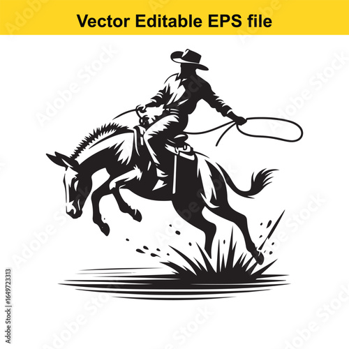 Silhouette of a cowboy riding a bucking horse in a rodeo, isolated on white background