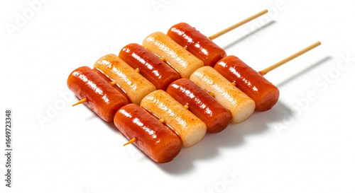 Two skewers of Korean Sotteok Sotteok, a popular street food with alternating grilled sausage and rice cakes, on a white background.