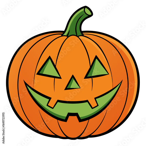 A classic cartoon jack o lantern with a friendly carved face and a green stem perfect for halloween decorations and festive designs