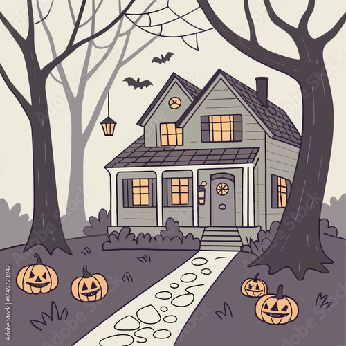 Spooky halloween scene a haunted house with jack o lanterns bats and cobwebs under a gloomy sky