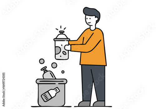A man sorts plastic waste into a recycling bin, promoting ocean cleanup. Clean, modern illustration with a bright orange background. Focus on reducing plastic use.