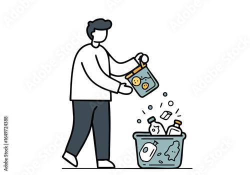 man sorts recyclable items into a bin contributing to a 'Plastic-Free Ocean' goal Clean modern illustration with a bright orange background Focus on sustainability and environmental action