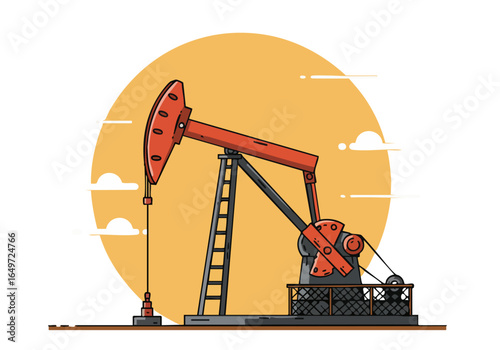 A stylized illustration depicts a pumping oil rig, symbolizing legacy and industrial heritage. Bold lines and a circular background create a modern, graphic design.