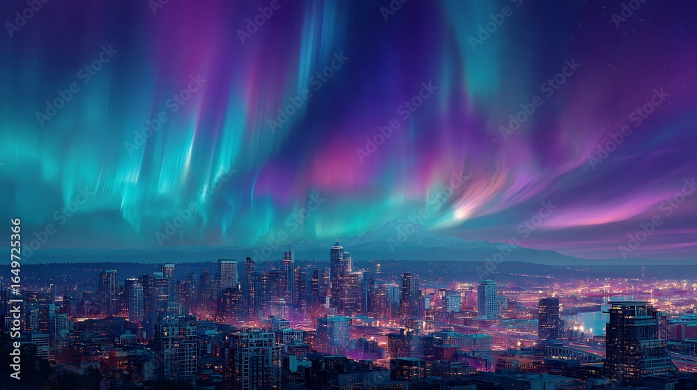 Fototapeta premium a vast city skyline lit by otherworldly aurora, violet and teal colors wrapping the sky, ultra-modern city with glowing lights, dramatic and awe-inspiring, hyper-realistic fine art, cinematic 