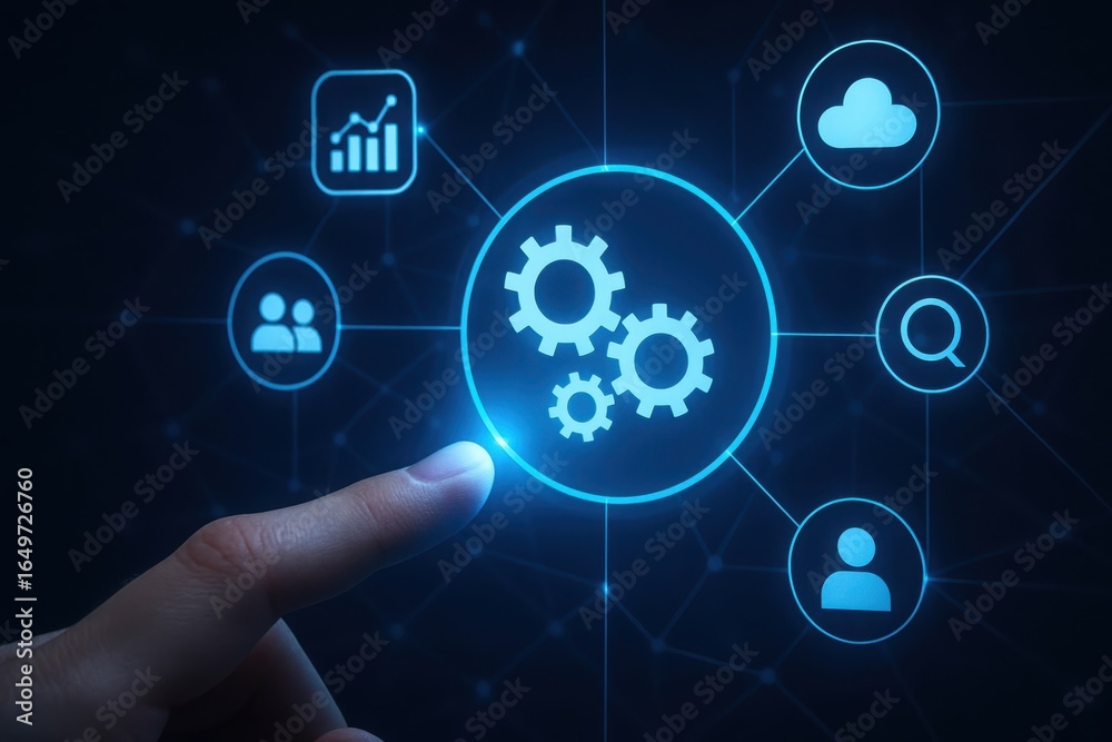 Fototapeta premium Finger touching glowing blue digital interface with interconnected icons representing business processes and automation