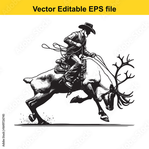 Cowboy riding a reindeer with large antlers, isolated on white background