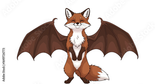 Whimsical Fox with Bat Wings, Cartoon Character Ready to Take Flight, Smiling Foxy Hybrid Creature with Brown Wings in a Cute Illustration