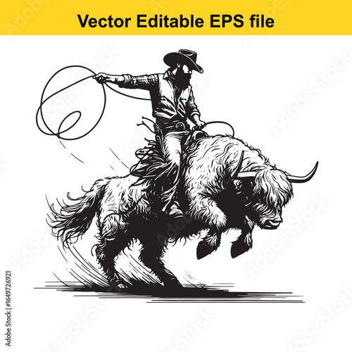 Cowboy riding a bucking bull in a rodeo, isolated on white background