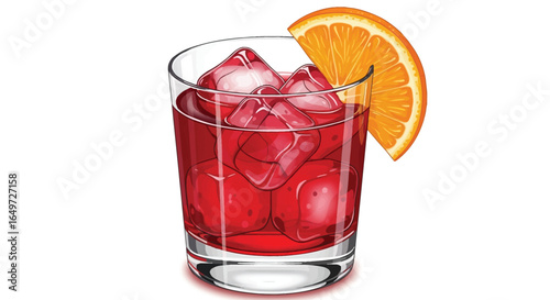 Vibrant Negroni Cocktail Illustration with Ice Cubes and Orange Slice, Classic Refreshing Beverage with Detailed Vector Graphics