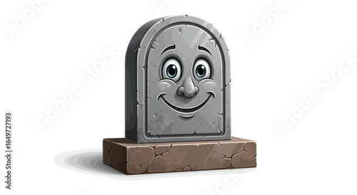 Cartoon Gravestone with Smiling Face, Graveyard Humor with an Anthropomorphic Tombstone on a Cracked Stone Base